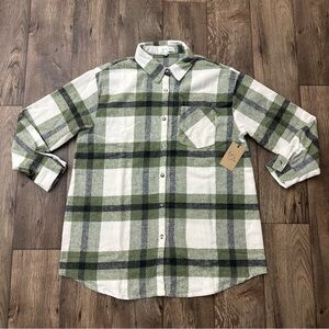 Eden & Olivia Plaid Flannel Olive Ivory Button Up Longer Shirt Women's Size XL